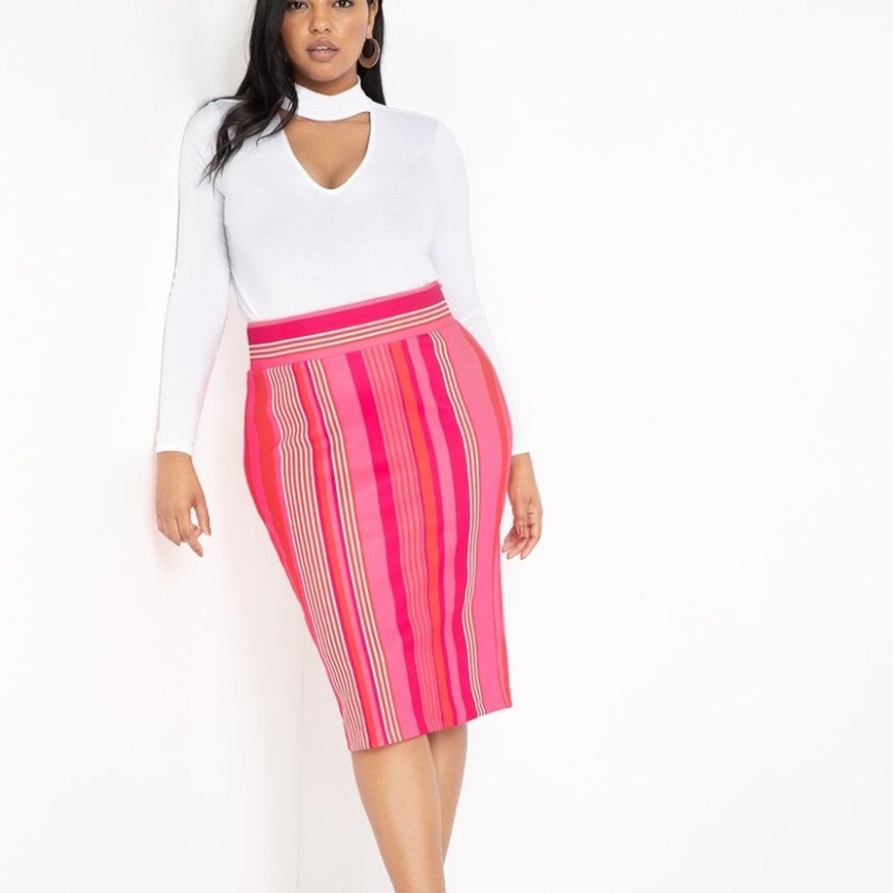 Eloquii Red Pink Neoprene striped pencil skirt
